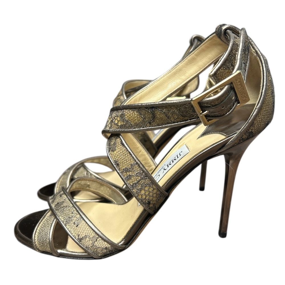 Jimmy Choo Lottie Pewter Lace Heels Strappy Sandals Stiletto Evening Size 37